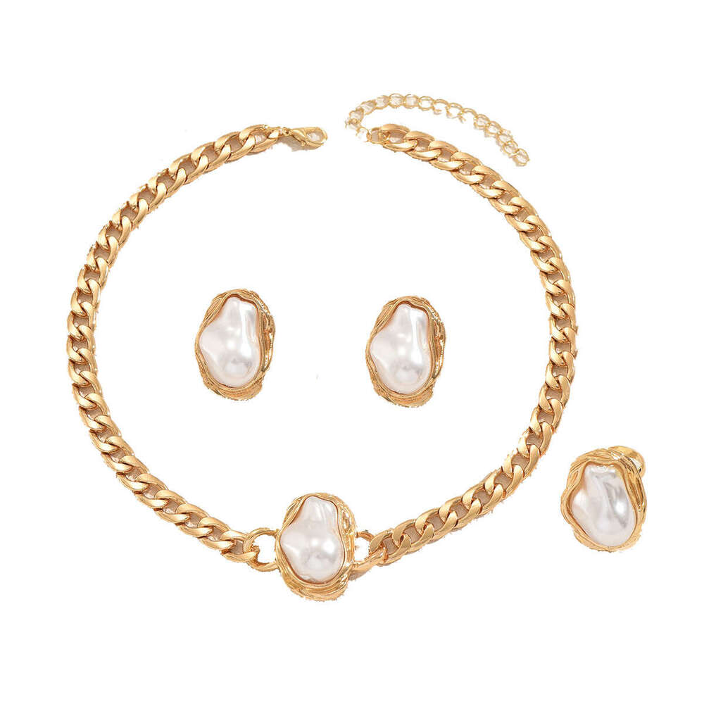 Women's Necklace Set Geometric Inlaid Irregular Pearl Design Bracelet Versatile Earrings Jewelry for Women