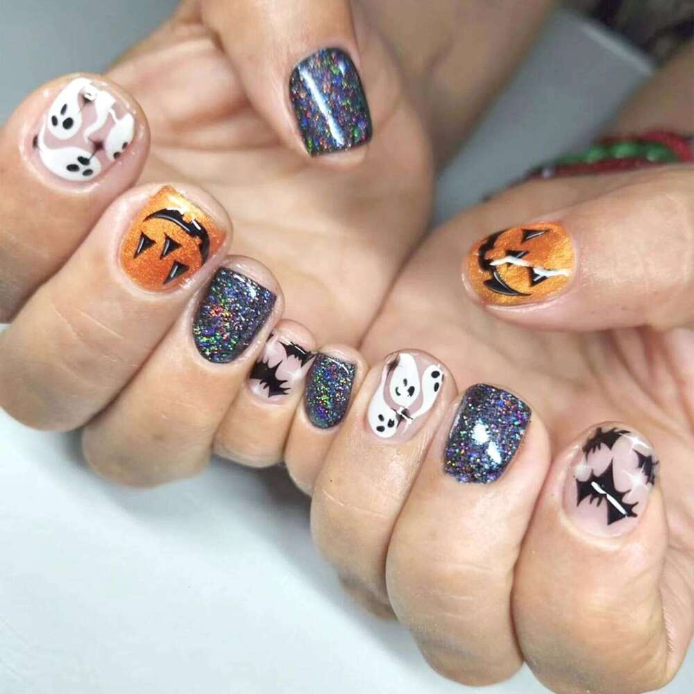 24pcs Halloween Fake With Black Ghost Bat Pumpkin Design Wearable Colorful Glitter Short Square False Press On Nails X250816