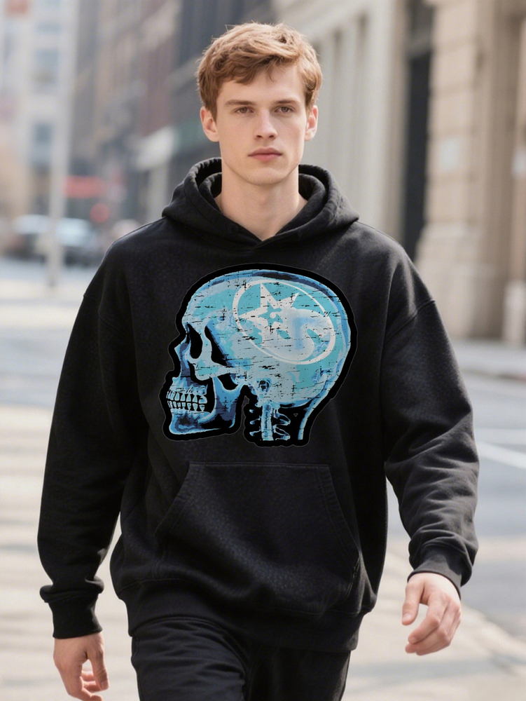 s Casual Graphic with Skull and Star Print Hoodie Black Crew ee hine Washable Essential for Men