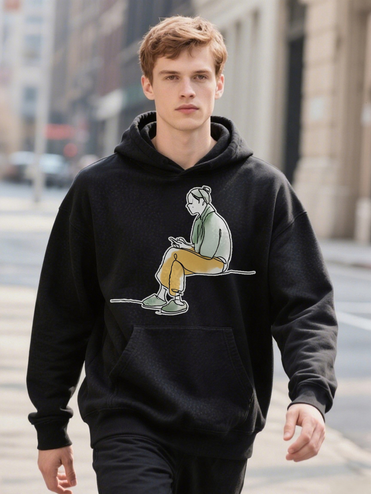 Men S Casual Crew With Fun D Print Graphic Design Black Ee Relaxed Hoodie Fit Hine