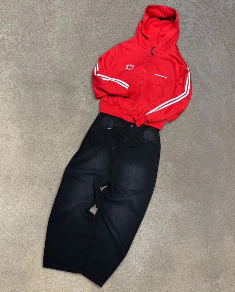 Hiphop Gothic letter print zipper men clothing Y2K high street fashion sportswear Harajuku punk loose couple hooded sweatshirt 250815