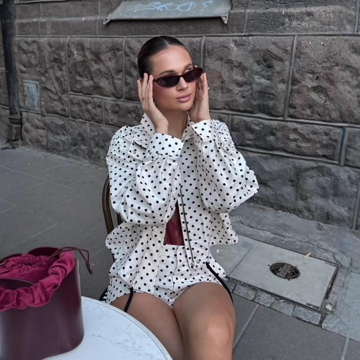 Polka Dot Jackets Woman 2 Piece Set Pocket Zipper Standing Collar Coats High Waist Short Pants Loose Sports Style Clothes