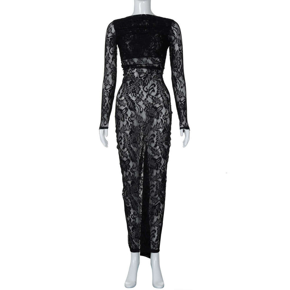 New Sexy Backless Lace Floral Sheer Slim Fit Sleeve Street Style Long Bodycon Dress