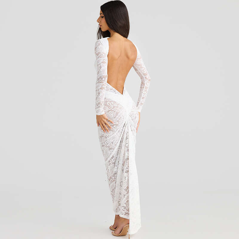 New Sexy Backless Lace Floral Sheer Slim Fit Sleeve Street Style Long Bodycon Dress