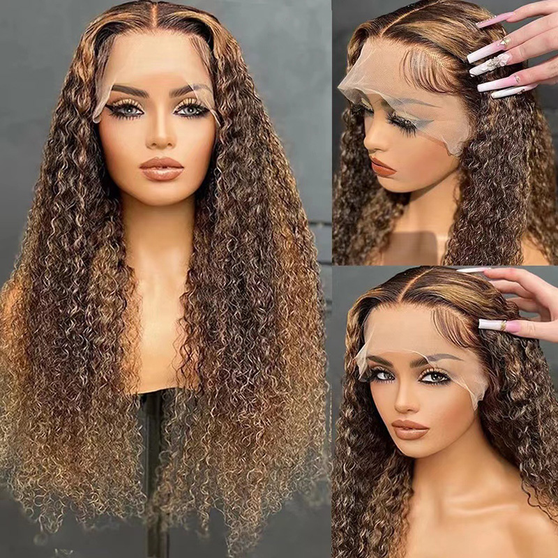 24 Inch Long Curly Ombre Human Wig for Women of All Skin Tones, Pre-Plucked Brazilian 13x4 Deep Wave Front Wig, Synthetic Black HD Lace Wig j2