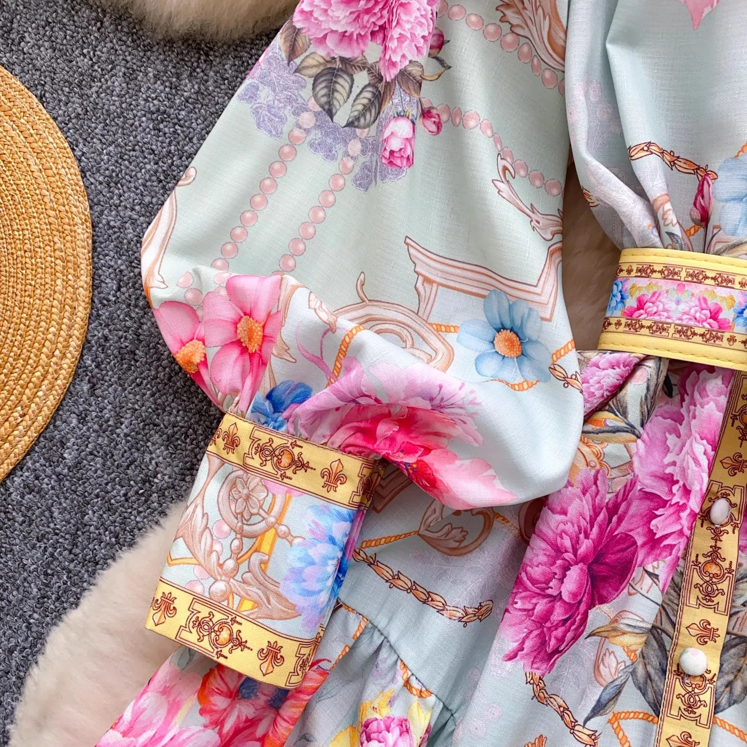 Elegant Gorgeous Floral Mini Dresses Women 2025 Spring Long Lantern Sleeve Stand Collar Single Breasted Belt Party Vestidos 250808