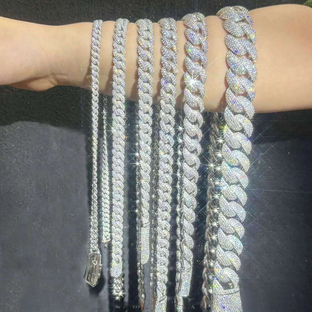 Hot-sale Iced Out 6mm-13mm Vvs Moissanite Dia Chain S Sterling Sier Cuban Link for Men Hiphop Fine Jewlery Necklaces