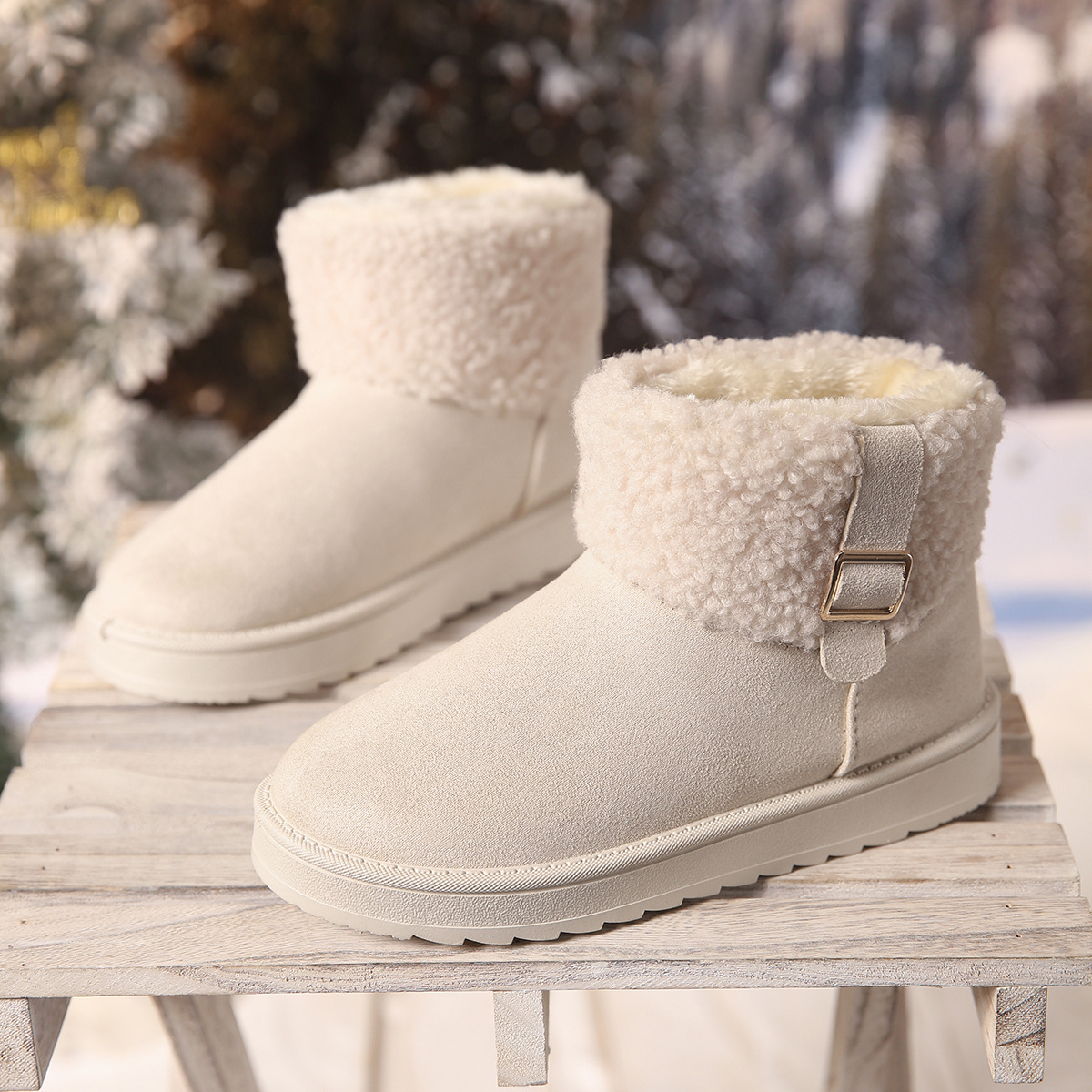 Fashion women's plus size snow 2025 winter designer's new style with plush warm Mid-calf cotton boots camel off white black