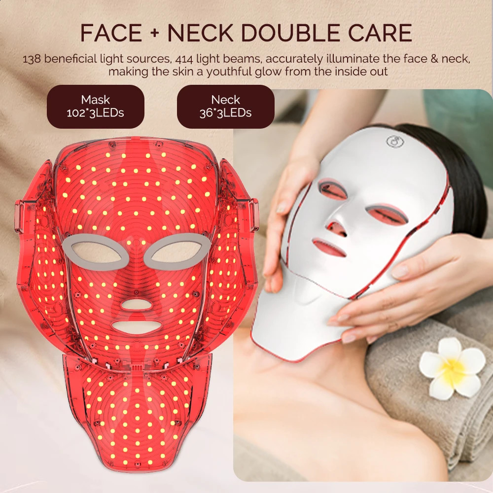 LED Facial Mask with Neck 7 Colors Light Red Light Facial Mask for -Aging Rejuvenation Brighten Skin Beauty Device 250814