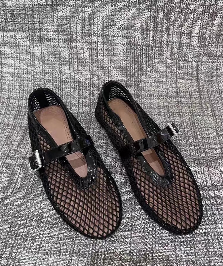 Fashionable and comfortable temperament women's single shoes round toe mesh one-button women's shoes flat shoes