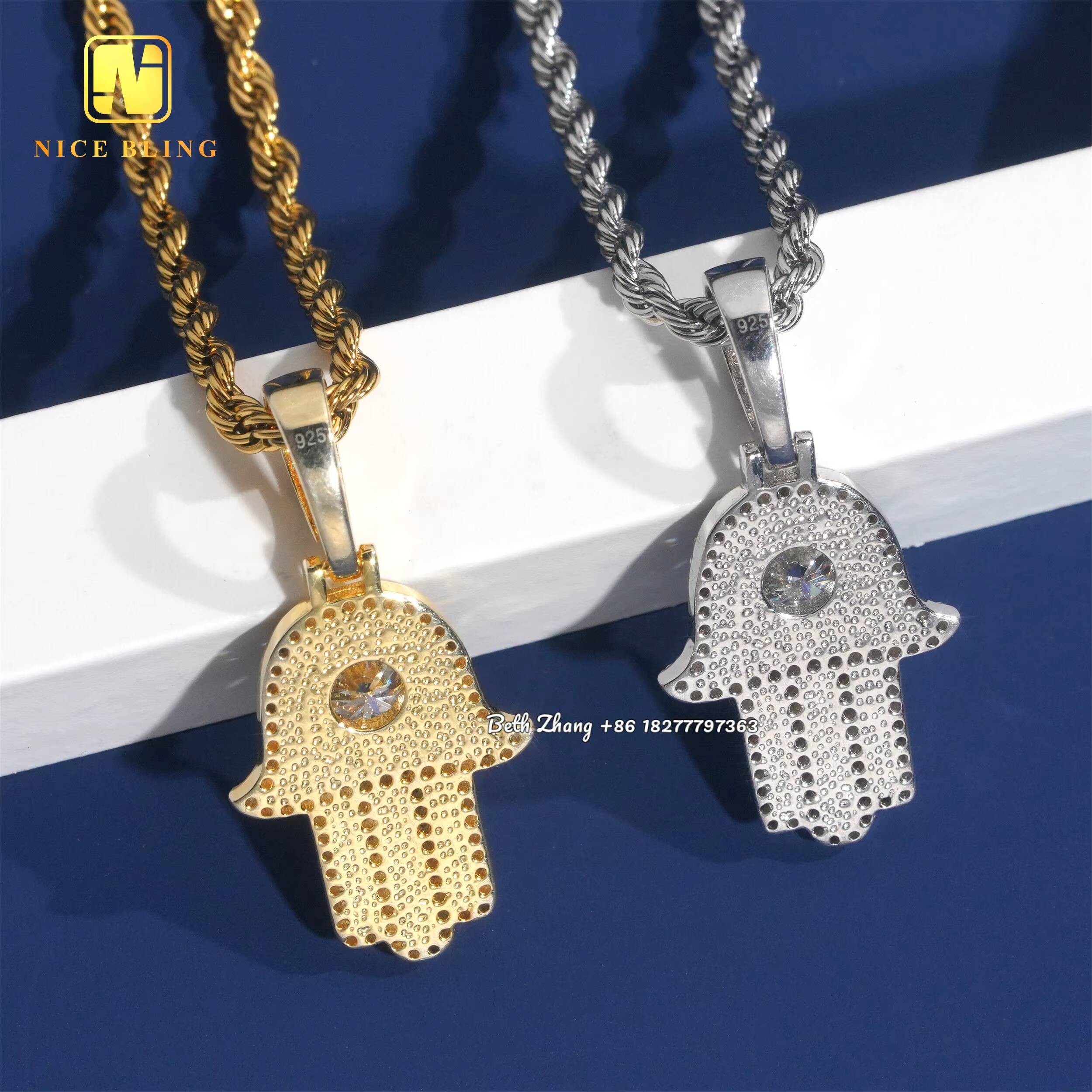 7.5MM Moissanite Diamond Hand Pendants Fashion Hip Hop Jewelry Pass Diamond Tester Hamsa Hand Pendants