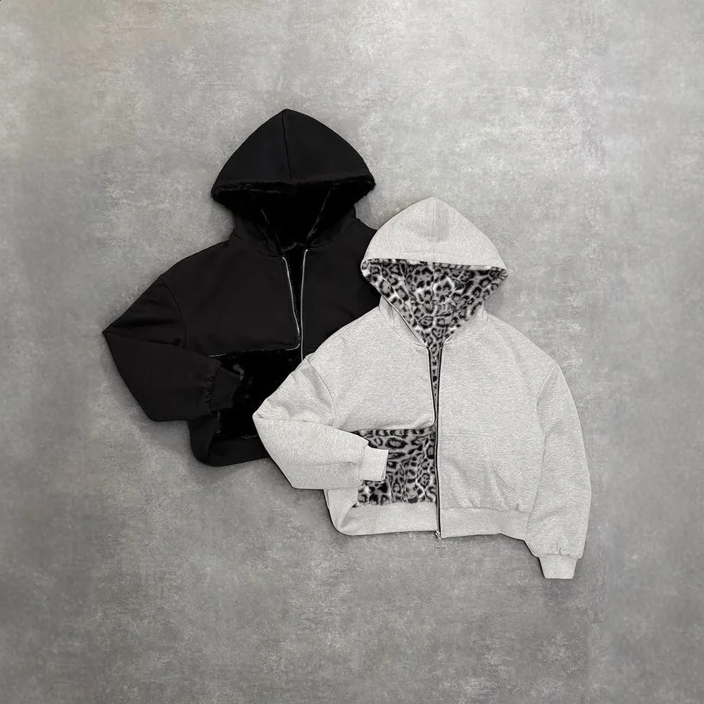 Autumn Winter Retro Fashion Leopard Print Two Sides Wear Loose Zip Up Hoodie Men High Street Punk Casual Oversized Sweatshirts 250814