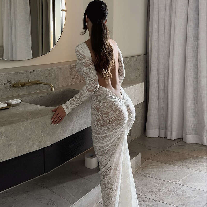 New Sexy Backless Lace Floral Sheer Slim Fit Sleeve Street Style Long Bodycon Dress