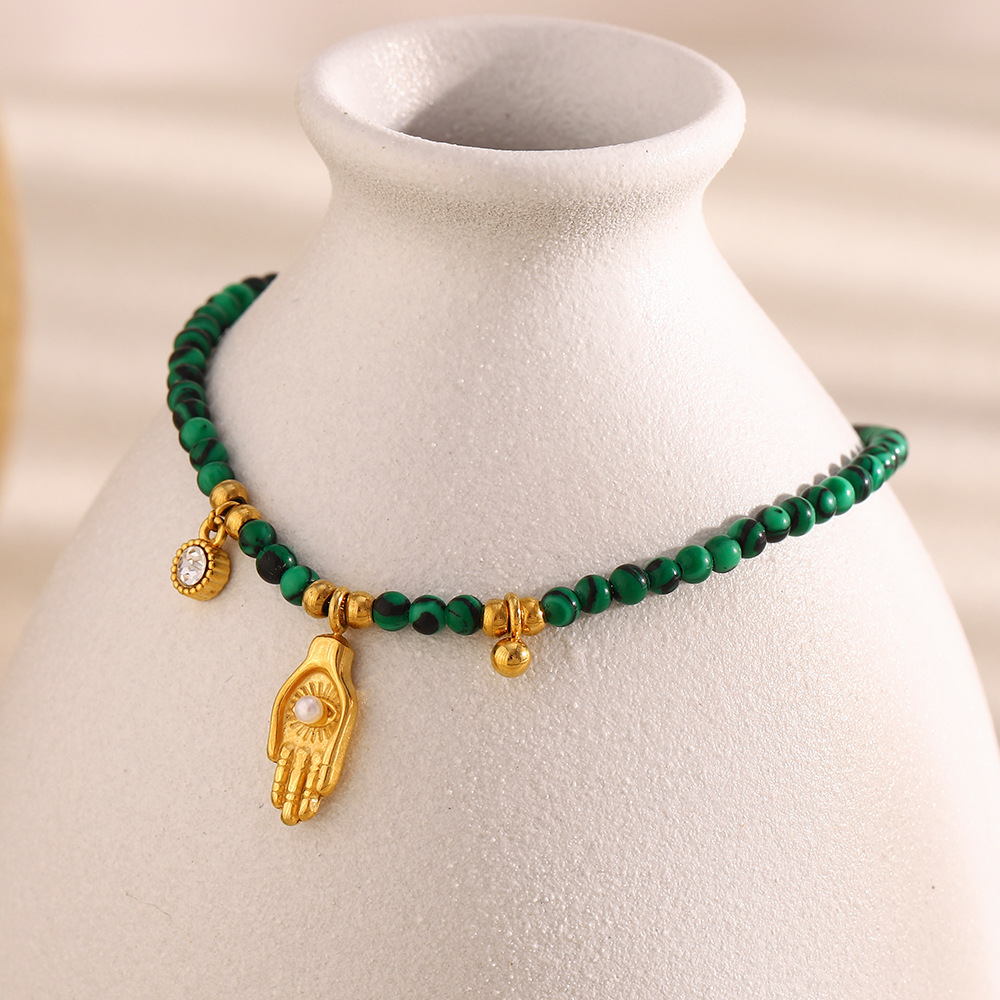 Vintage Inspired Palm Coin Pendant Bracelet 18K Gold-Plated Stainless Steel with Natural Stone European Retro Style for Women