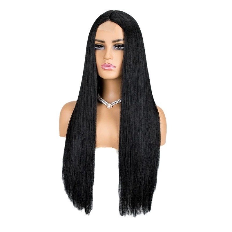 Natural Black Brazilian Wig for Women Front Lace Design, Long & Straight Hairstyle with Complete Head Covering.