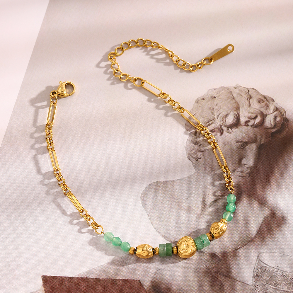 Vintage Inspired Palm Coin Pendant Bracelet 18K Gold-Plated Stainless Steel with Natural Stone European Retro Style for Women