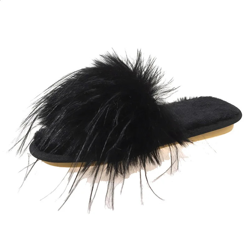 Wedding Bride Fashion Flats Feather Furry Casual Home Shoes Female Footwear Autumn Women Slippers Outdoor Beach Slides 250812