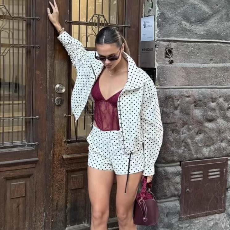 Polka Dot Jackets Woman 2 Piece Set Pocket Zipper Standing Collar Coats High Waist Short Pants Loose Sports Style Clothes