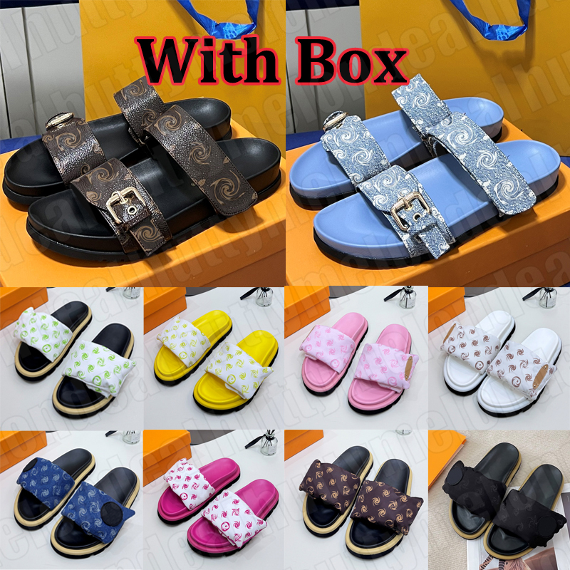 With Box Designer Sandals for Women Men Luxury Buckles Slippers Slide Summer Beach Rubber Fashion Shoes Brown White Blue