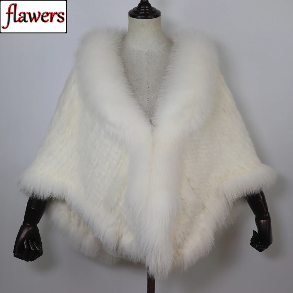 Women 100% Real Rabbit Fur Shawl Scarf With Fox Fur Collar Winter Warm Knitted Rabbit Fur Poncho Girls Party Fashion Accessories 250812