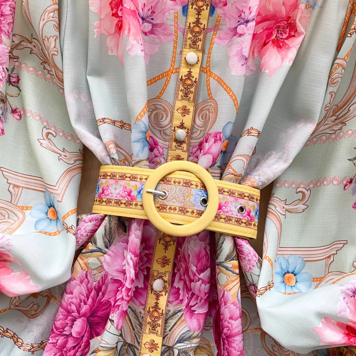 Elegant Gorgeous Floral Mini Dresses Women 2025 Spring Long Lantern Sleeve Stand Collar Single Breasted Belt Party Vestidos 250808