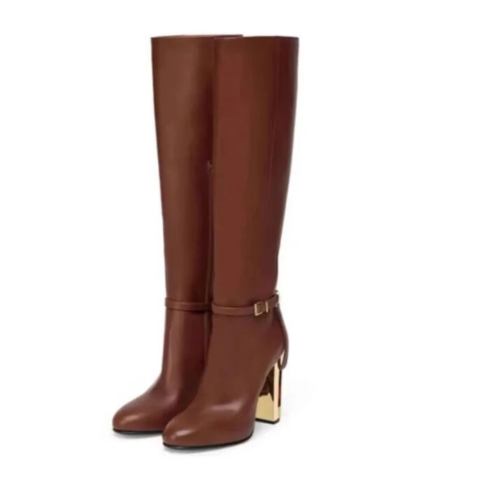 Luxury Designer Genuine Leather Shoes Women's Hollow Out High Heel Boots Letter Upper Panel Over Knee Boots Metal Buckle Horse Boots Large Shoes