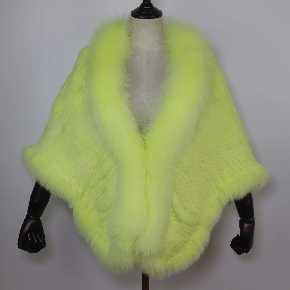 Women 100% Real Rabbit Fur Shawl Scarf With Fox Fur Collar Winter Warm Knitted Rabbit Fur Poncho Girls Party Fashion Accessories 250812