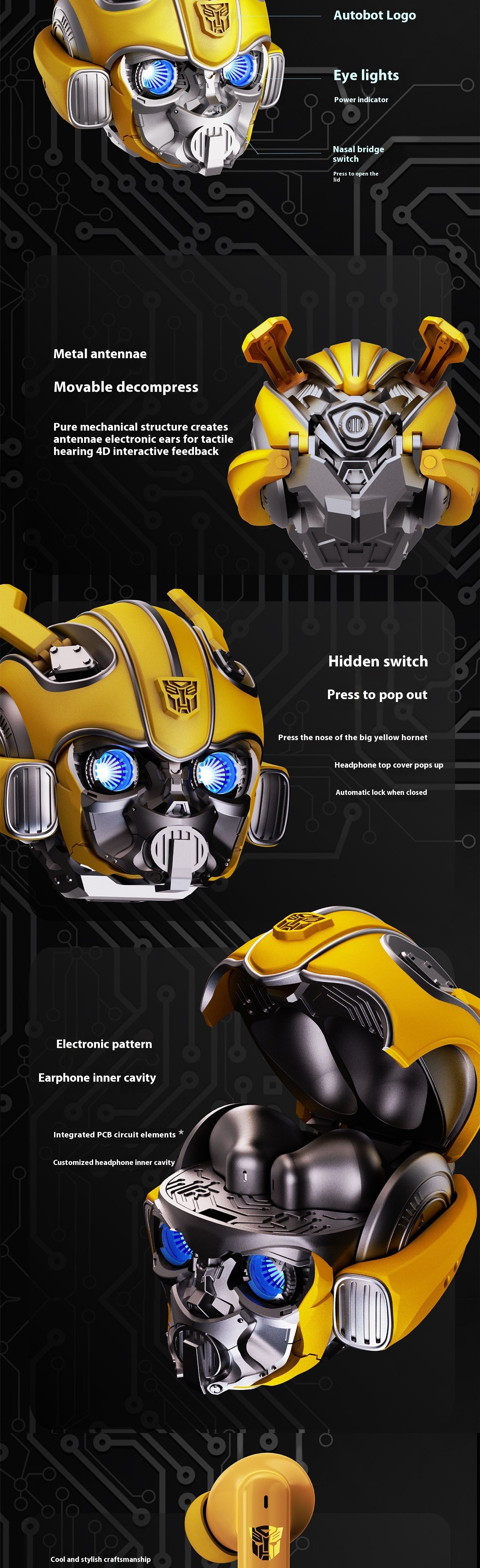 killerbody titanium fight transformer bumblebee wireless bluetooth noise canceling headset alloy trendy play motivator