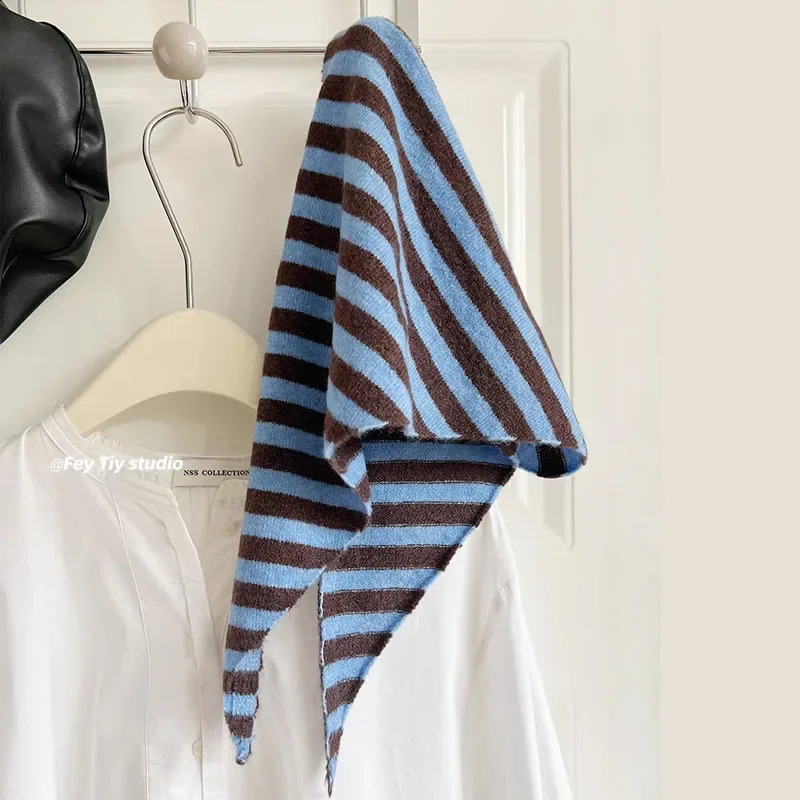 Versatile Striped Wool-blend Knitted Triangle Scarf Small Versatile Warm Korean Hood Scarf Shawl Neck Scarves Headband Woman 250811