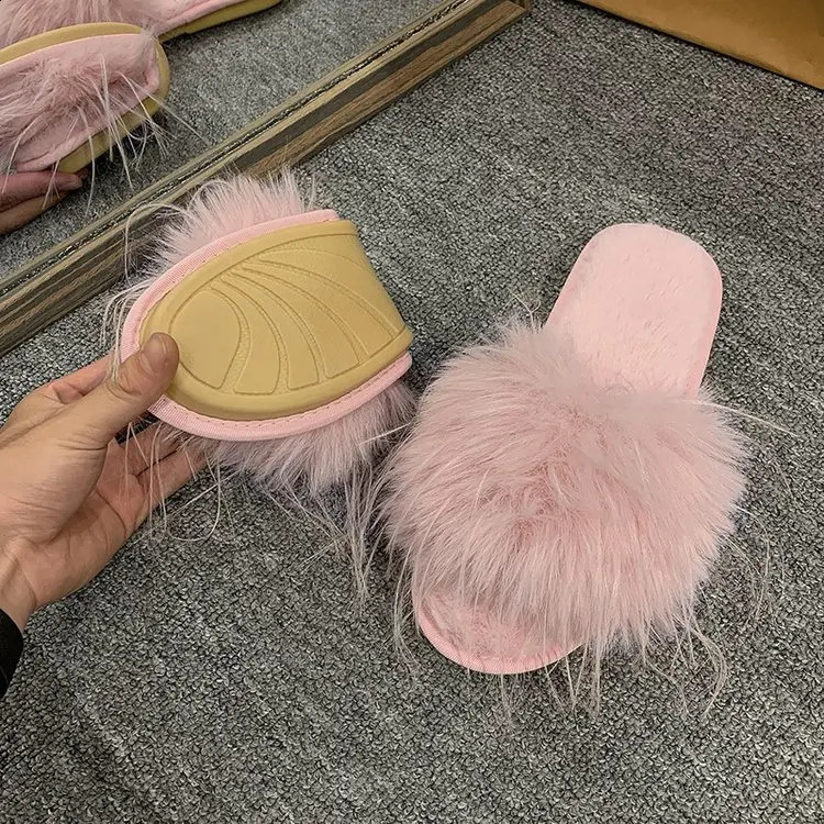 Wedding Bride Fashion Flats Feather Furry Casual Home Shoes Female Footwear Autumn Women Slippers Outdoor Beach Slides 250812