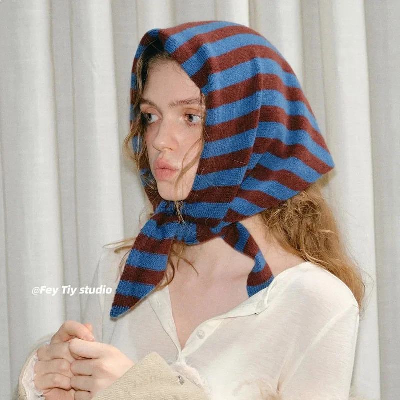 Versatile Striped Wool-blend Knitted Triangle Scarf Small Versatile Warm Korean Hood Scarf Shawl Neck Scarves Headband Woman 250811