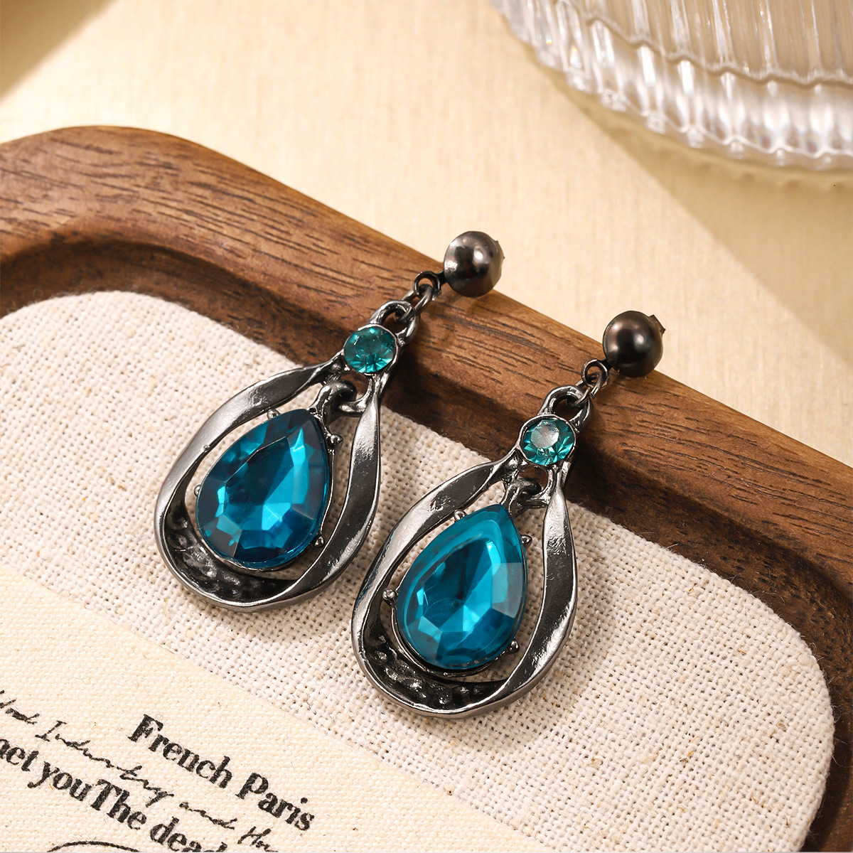 Blue Crystal Drop Earrings for Women Teardrop Dangle Sterling Silver Hooks Versatile Evening Daily Jewelry