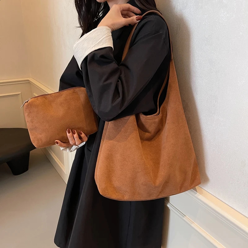 MOODS Casual Shoulder Tote Bag Set For Women 2-IN-1 Suede Pure Color Large Capacity Shopper Tote Winter Handbags Female 250815