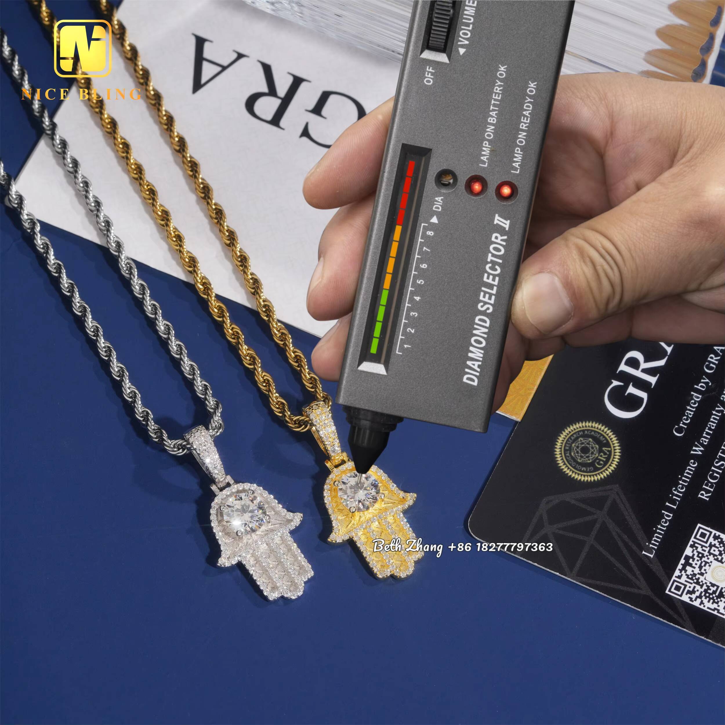 7.5MM Moissanite Diamond Hand Pendants Fashion Hip Hop Jewelry Pass Diamond Tester Hamsa Hand Pendants