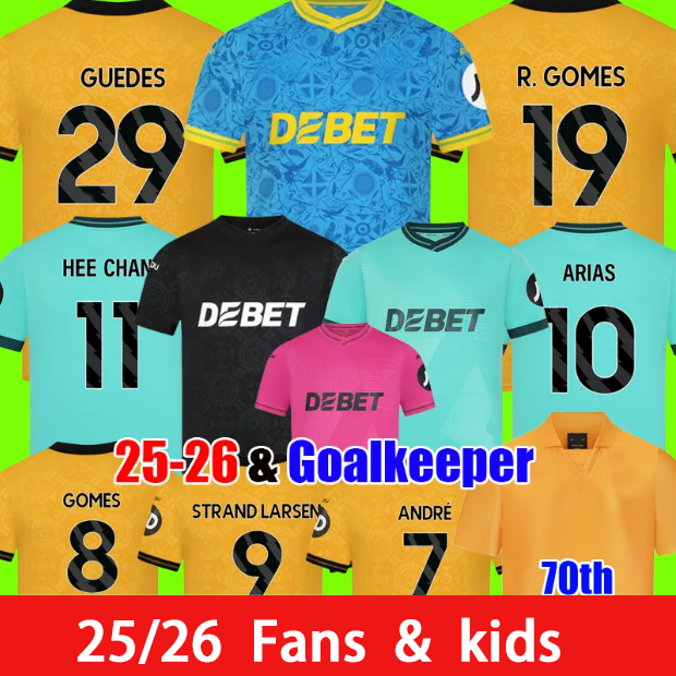 2025 2026 Wolves GUEDES STRAND LARSEN Soccer Jerseys 70th MATHEUS R.GOMES DOHERTY 25 26 BELLEGARDE HEE CHAN Football Shirts Men Kit Kids set tops595