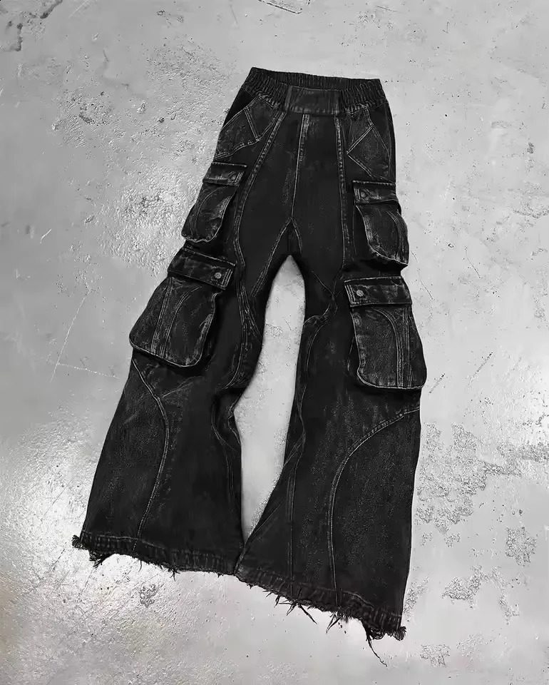 European and American oversized pocket washed wide leg straight leg jeans mens y2k Harajuku high street denim wide leg pants 250815