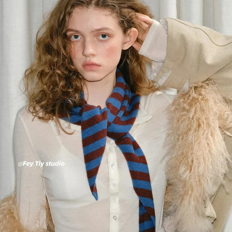 Versatile Striped Wool-blend Knitted Triangle Scarf Small Versatile Warm Korean Hood Scarf Shawl Neck Scarves Headband Woman 250811