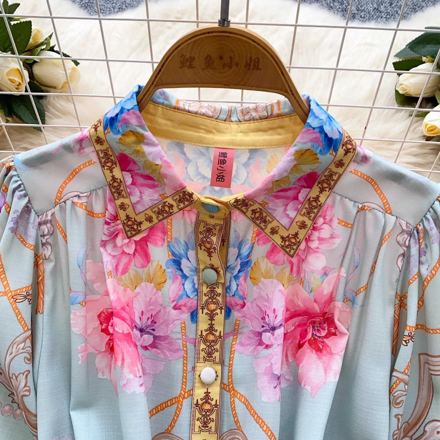 Elegant Gorgeous Floral Mini Dresses Women 2025 Spring Long Lantern Sleeve Stand Collar Single Breasted Belt Party Vestidos 250808