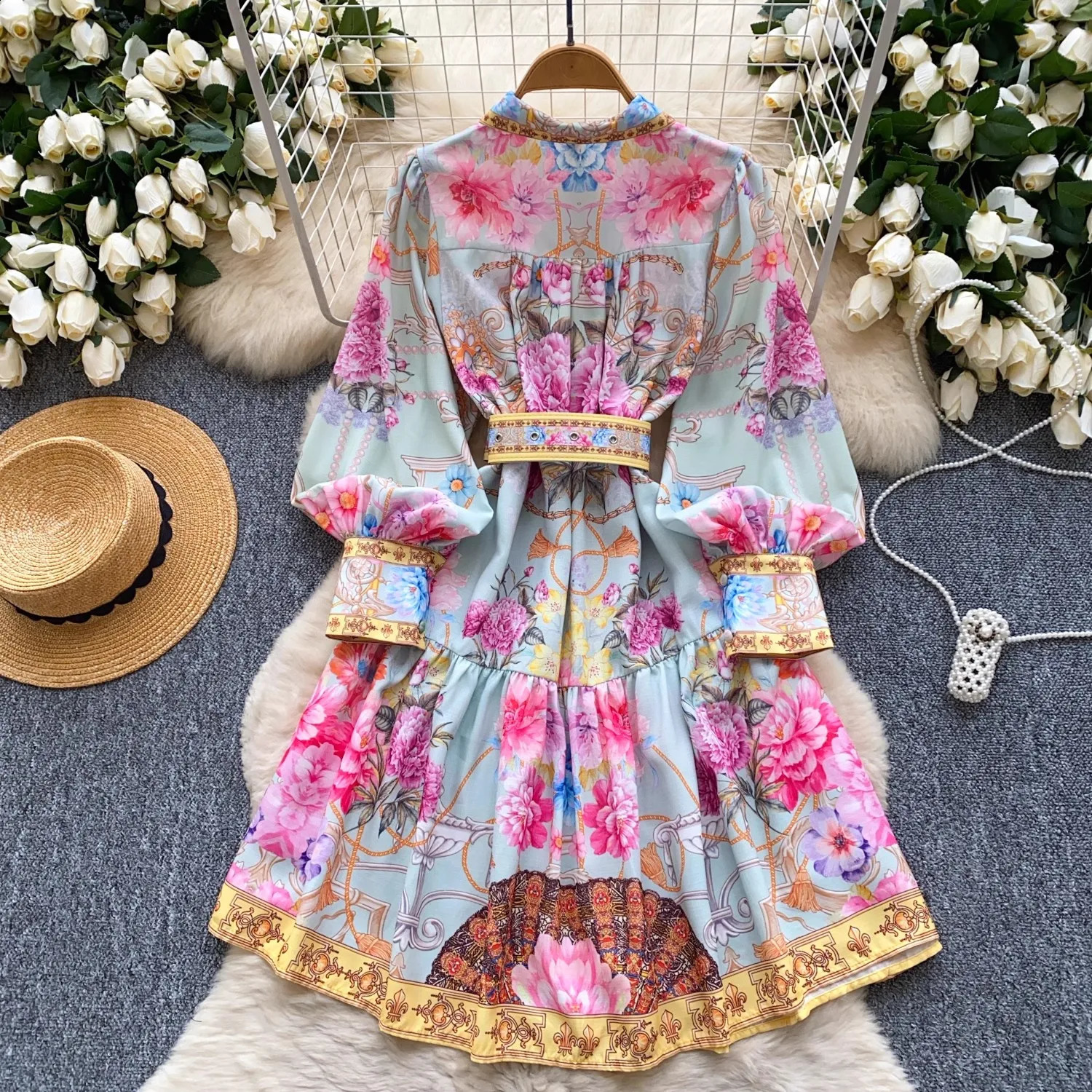 Elegant Gorgeous Floral Mini Dresses Women 2025 Spring Long Lantern Sleeve Stand Collar Single Breasted Belt Party Vestidos 250808