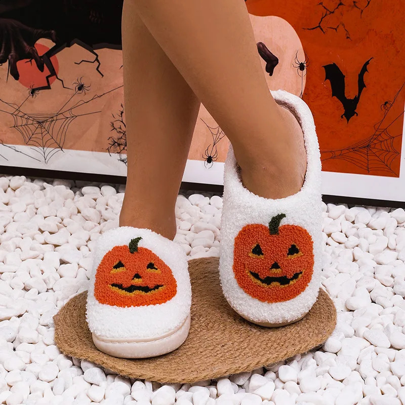 Cozy Halloween Pumpkin Slippers Women Soft Plush Non Slip Indoor Cotton Slides Woman Keep Warm Comfortable Winter House Slippers 250815