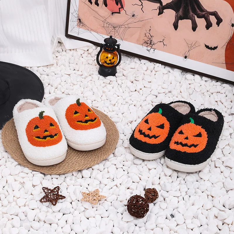 Cozy Halloween Pumpkin Slippers Women Soft Plush Non Slip Indoor Cotton Slides Woman Keep Warm Comfortable Winter House Slippers 250815