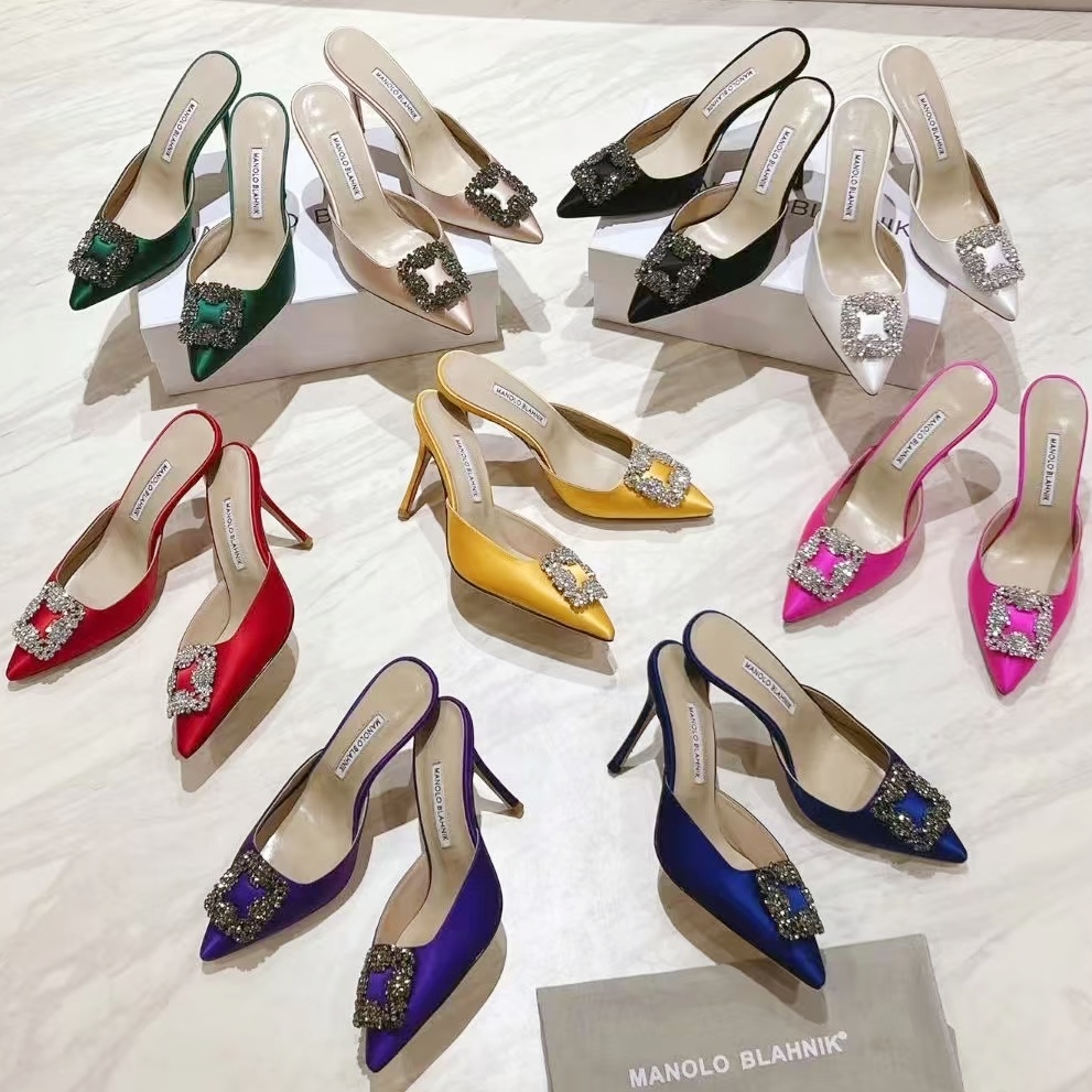 Women's Designer Sandals female Pink silk Manolo Stiletto Heel mule Sliders Prom Bridal slingback sandale sac Luxury Casual Wedge shoe Summer beach Moccasin slipper