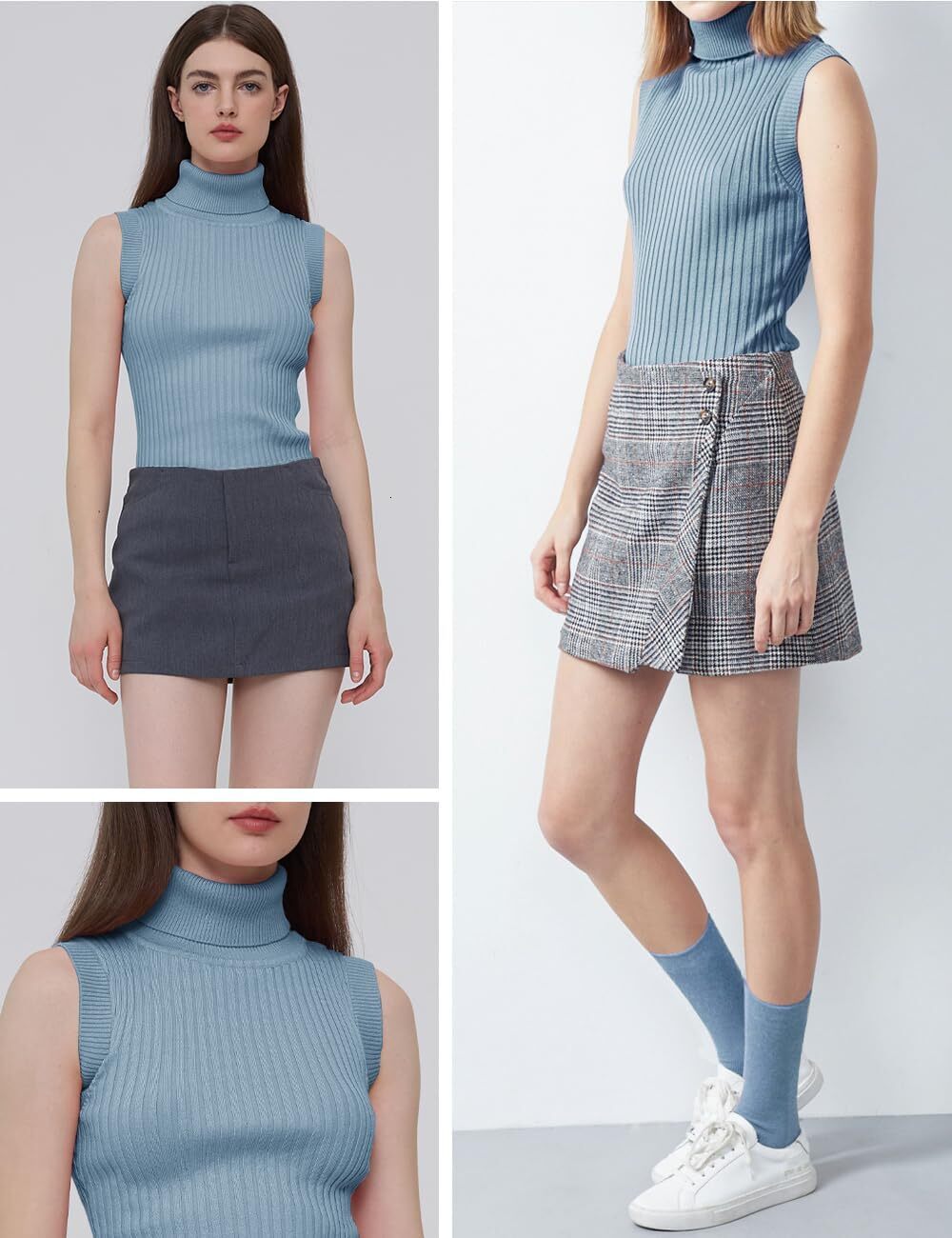 Women Sleeveless High Neck Turtleneck Stretchable Knit Sweater Top