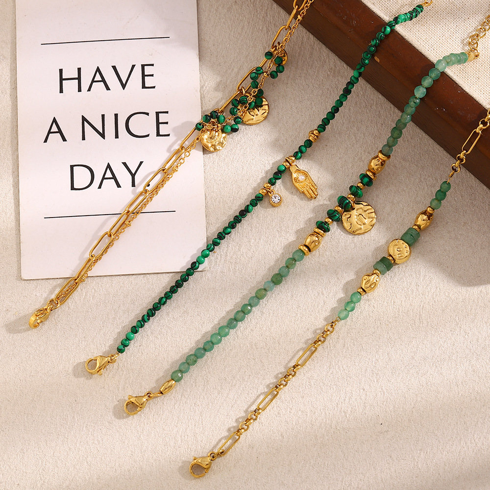 Vintage Inspired Palm Coin Pendant Bracelet 18K Gold-Plated Stainless Steel with Natural Stone European Retro Style for Women