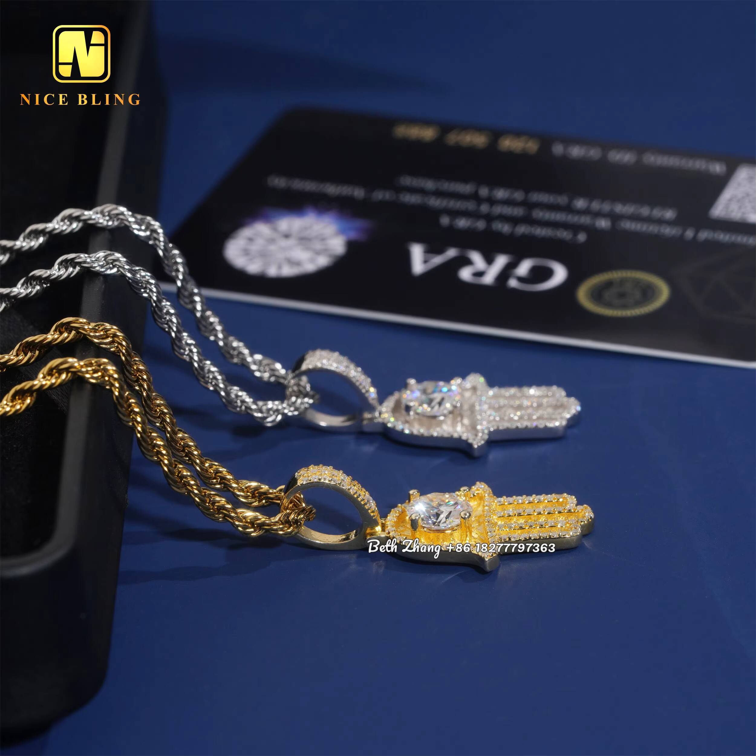 7.5MM Moissanite Diamond Hand Pendants Fashion Hip Hop Jewelry Pass Diamond Tester Hamsa Hand Pendants