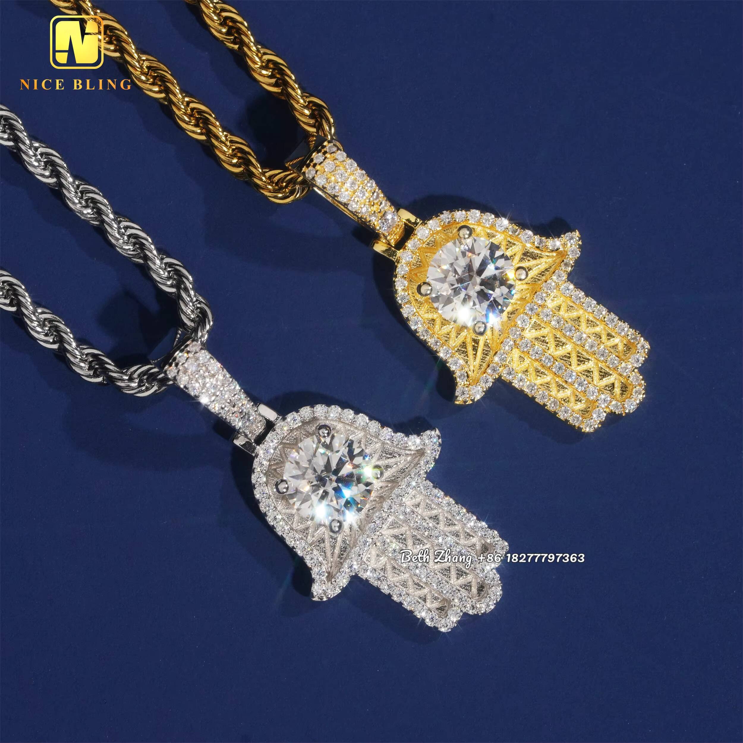 7.5MM Moissanite Diamond Hand Pendants Fashion Hip Hop Jewelry Pass Diamond Tester Hamsa Hand Pendants