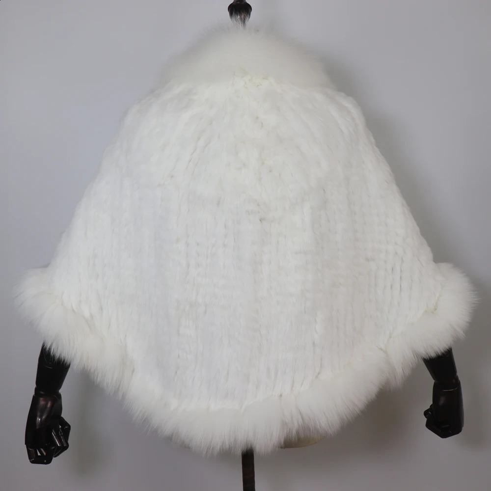 Women 100% Real Rabbit Fur Shawl Scarf With Fox Fur Collar Winter Warm Knitted Rabbit Fur Poncho Girls Party Fashion Accessories 250812