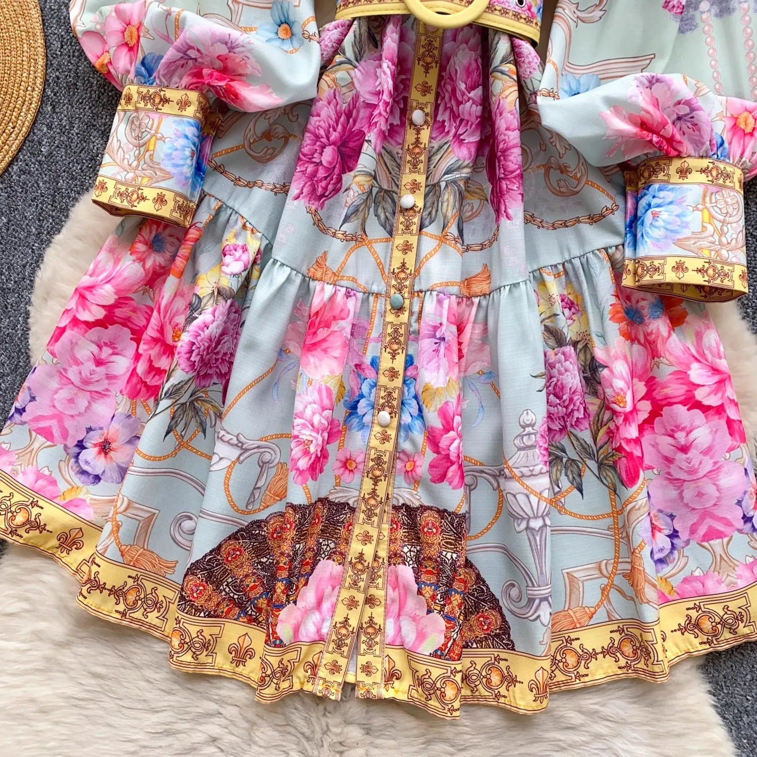 Elegant Gorgeous Floral Mini Dresses Women 2025 Spring Long Lantern Sleeve Stand Collar Single Breasted Belt Party Vestidos 250808