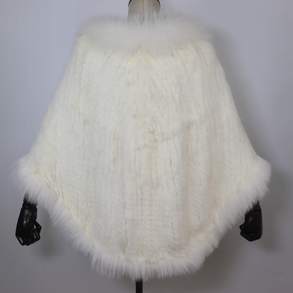 Women 100% Real Rabbit Fur Shawl Scarf With Fox Fur Collar Winter Warm Knitted Rabbit Fur Poncho Girls Party Fashion Accessories 250812