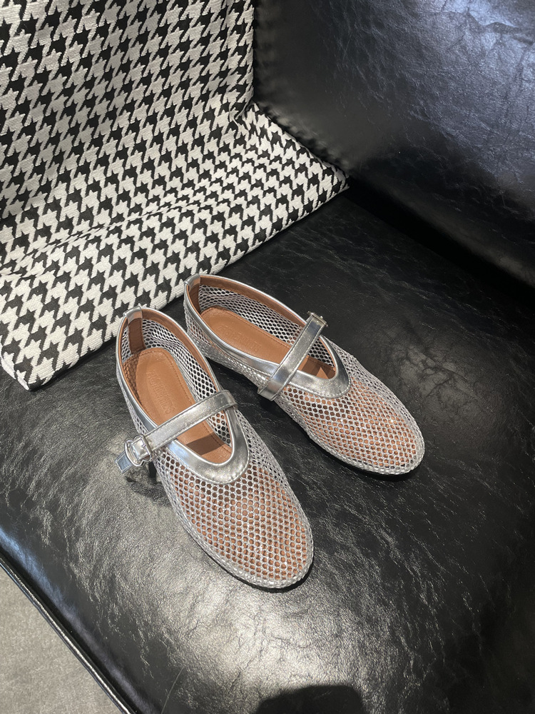 Fashionable and comfortable temperament women's single shoes round toe mesh one-button women's shoes flat shoes